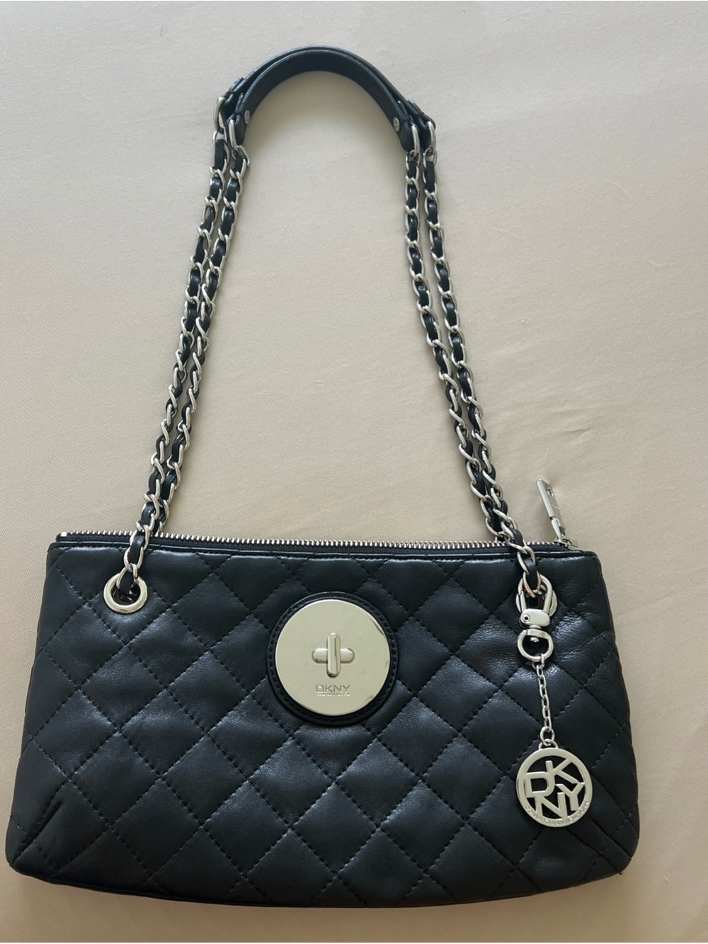 DKNY Black Quilted Shoulder Bag with Silver Chain
